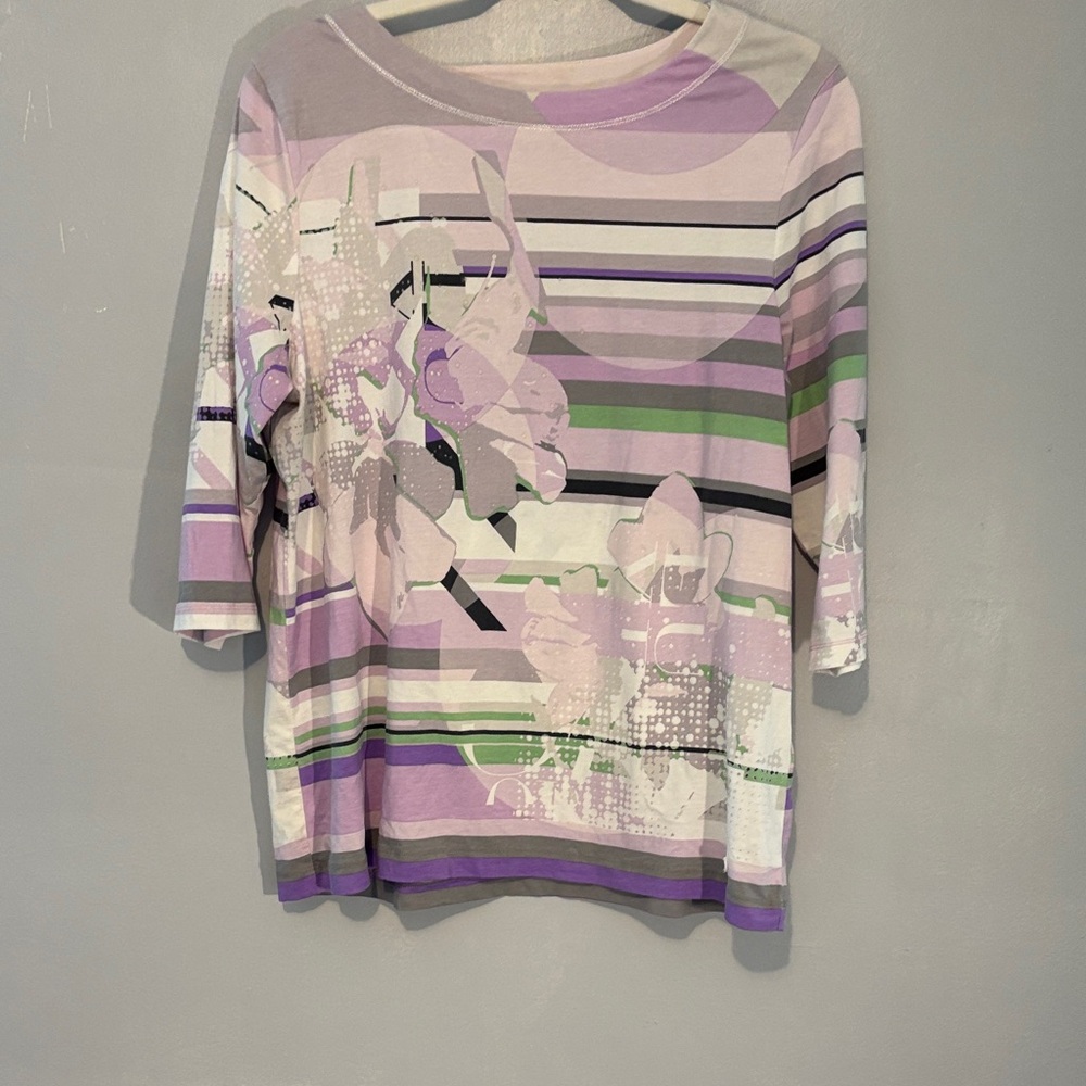 Elegant Floral Striped Blouse - Lavender and Green